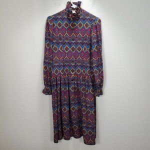 Miss O by Oscar De La Renta Lillie Rubin Dress Aztec Ruffle Neck Cuff shirt sz S